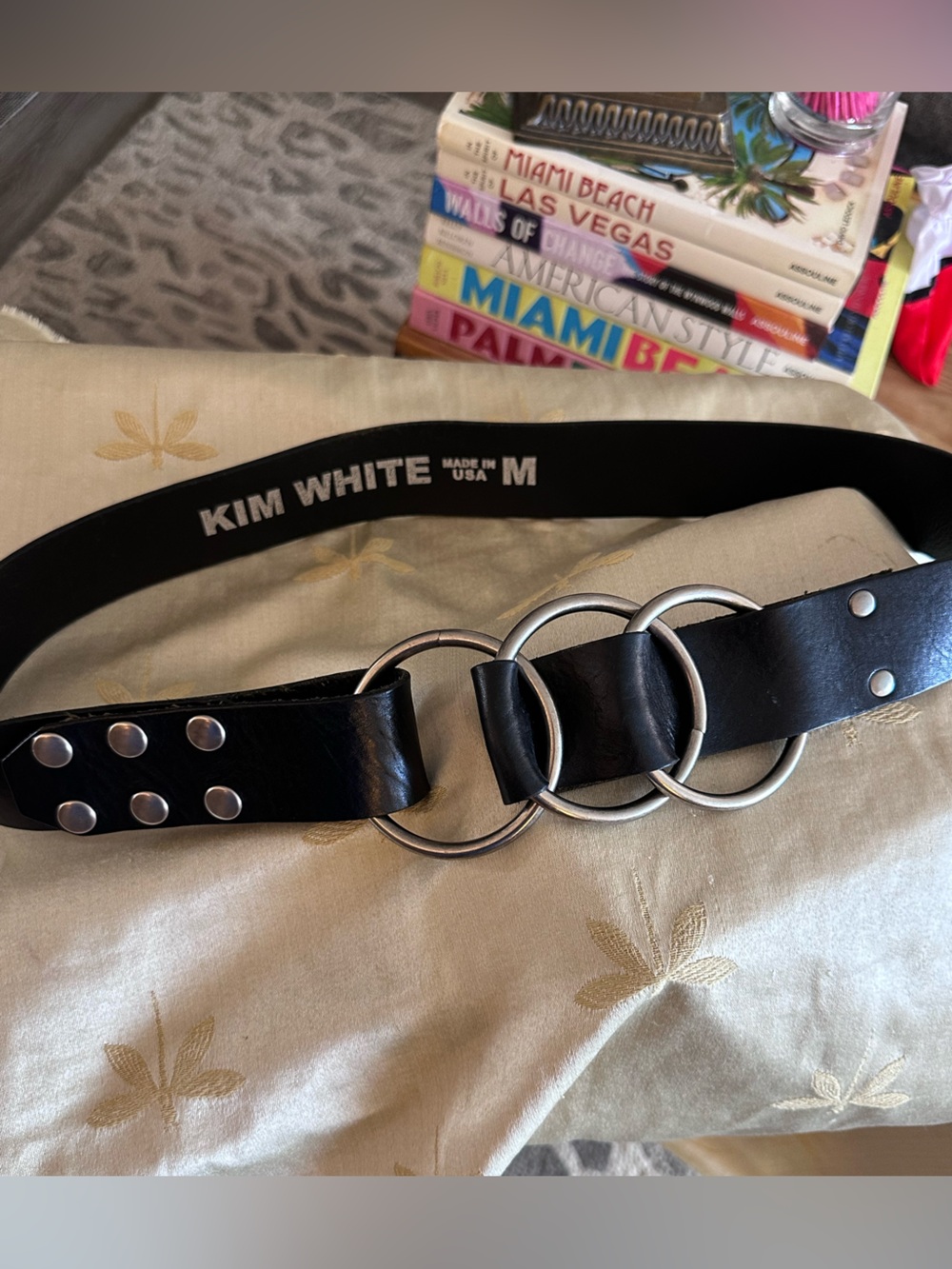 Kim White Black Leather w/ Silver Triple Ring Snap Buckle Belt.